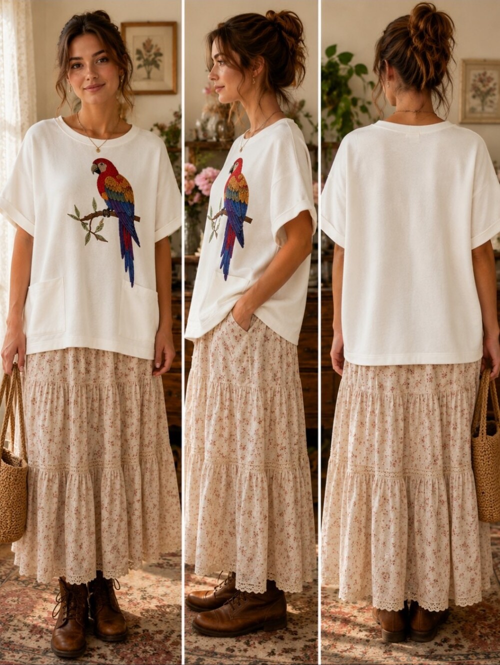 Vtg Cyn Les Shirlee Embroidered Parrot Bird Sweatshirt M White Cottagecore